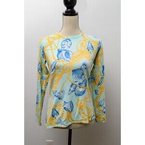 J McLaughlin Tee S Blue Seashell long sleeve button Sm preppy coastal sea